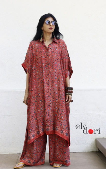Ajrakh Kaftan Kurta Dress 'Mehfil' : Modal Ajrakh Hand Block Kaftan Kurta &amp; Palazzo Set