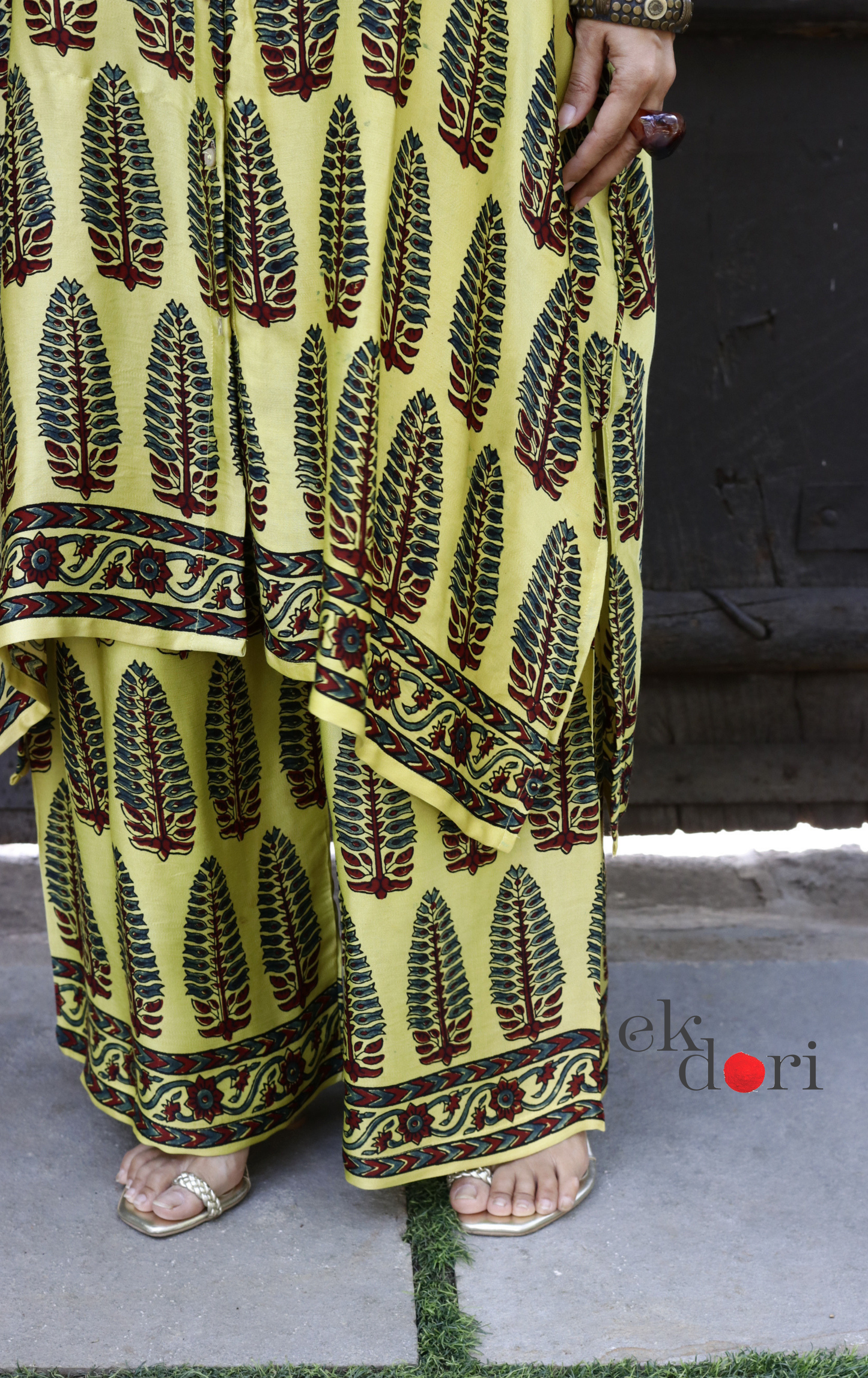 Ajrakh Kaftan Kurta Dress 'Butter' : Modal Ajrakh Hand Block Kaftan Kurta & Palazzo Set