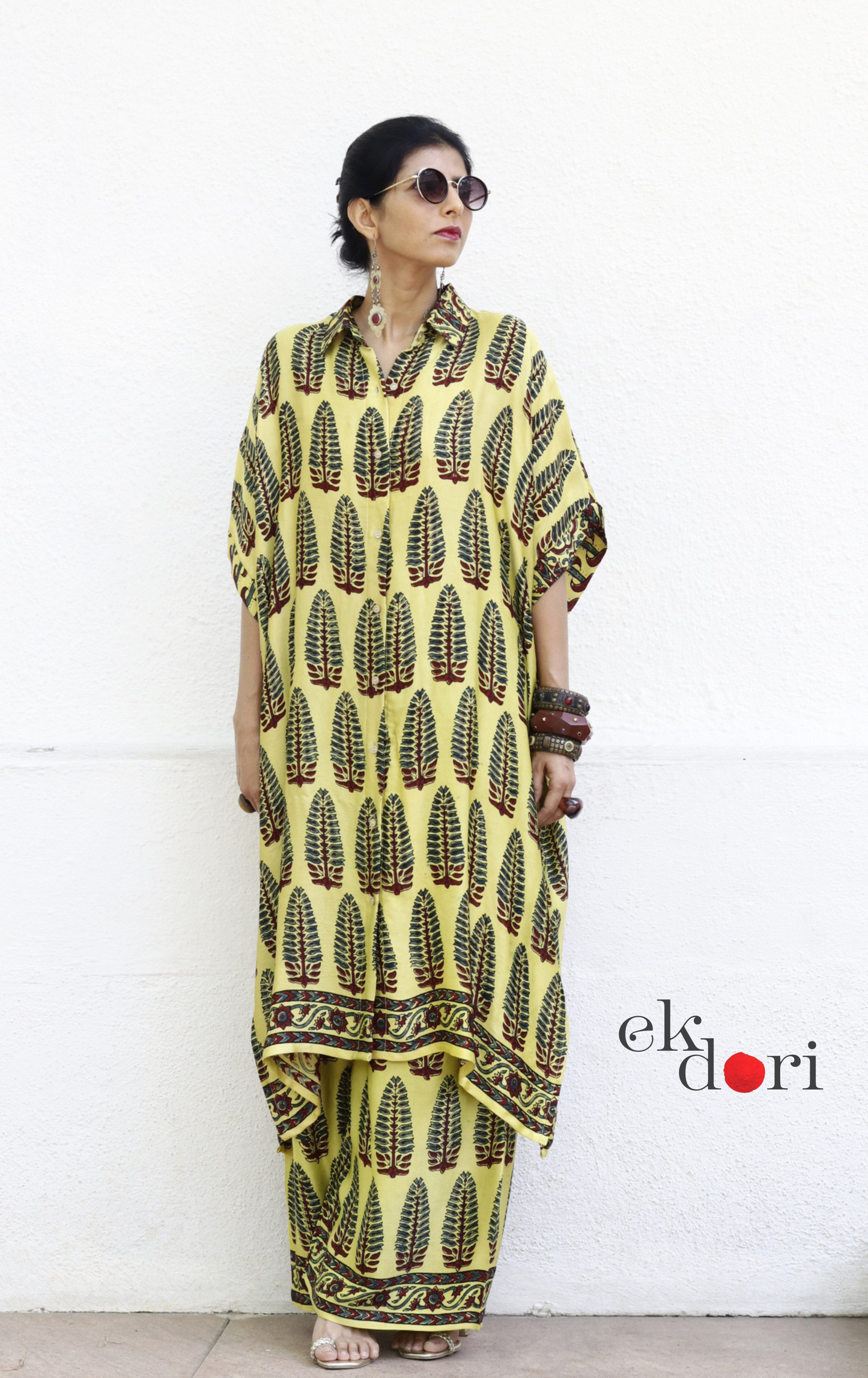 Ajrakh Kaftan Kurta Dress 'Butter' : Modal Ajrakh Hand Block Kaftan Kurta & Palazzo Set