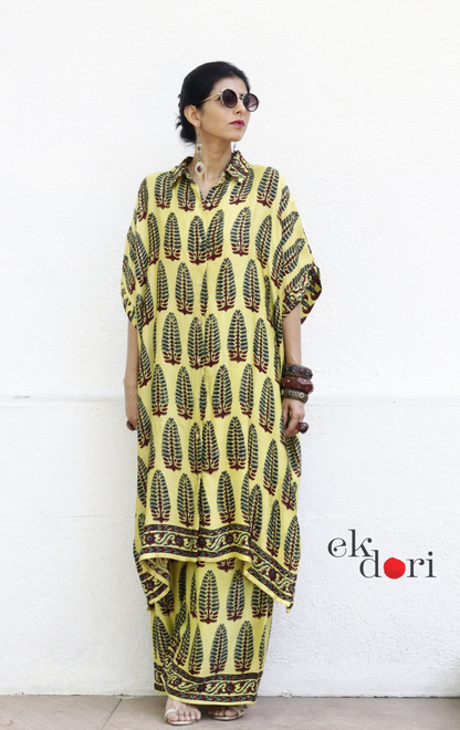 Ajrakh Kaftan Kurta Dress 'Butter' : Modal Ajrakh Hand Block Kaftan Kurta & Palazzo Set