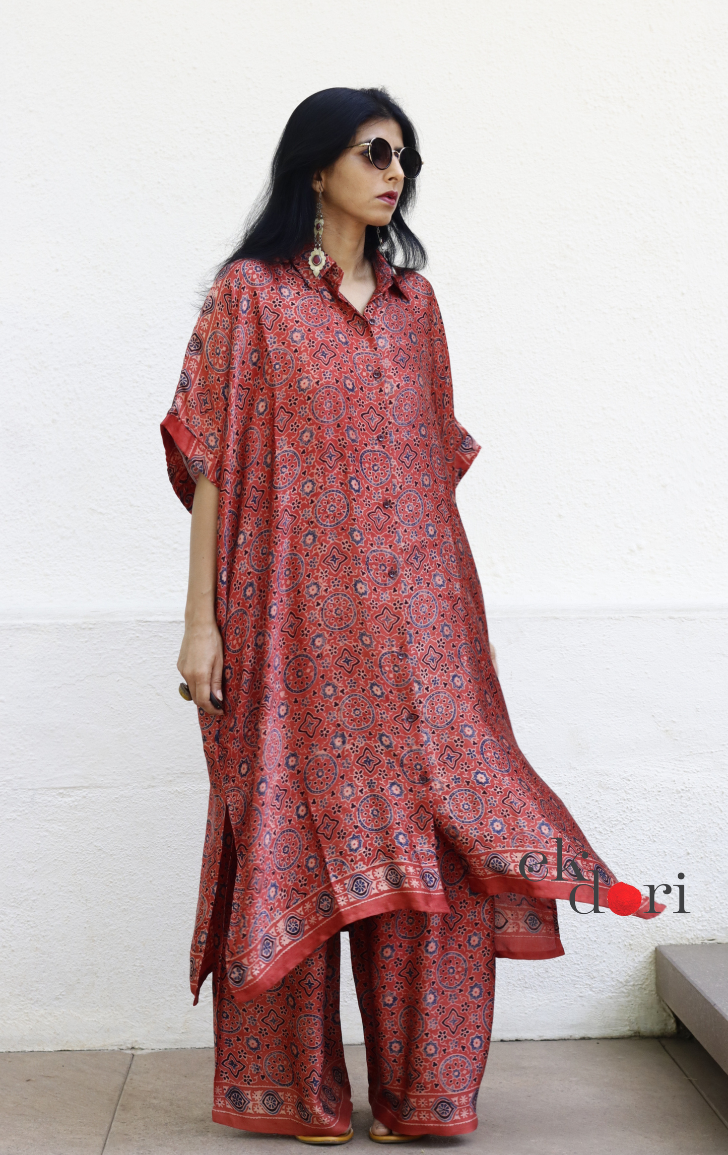 Ajrakh Kaftan Kurta Dress 'Mehfil' : Modal Ajrakh Hand Block Kaftan Kurta &amp; Palazzo Set