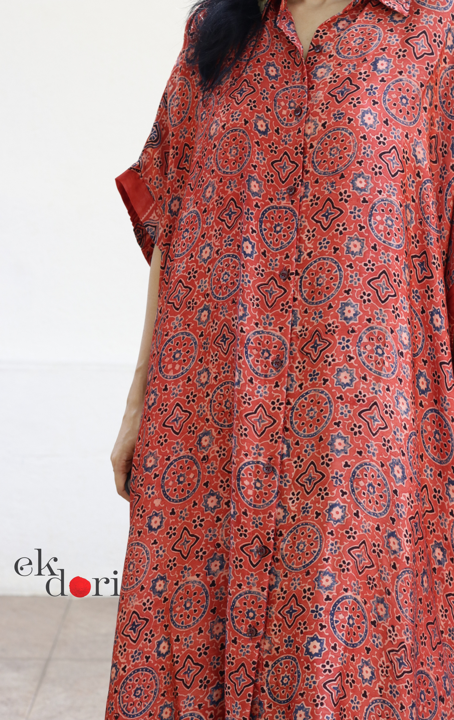 Ajrakh Kaftan Kurta Dress 'Mehfil' : Modal Ajrakh Hand Block Kaftan Kurta &amp; Palazzo Set
