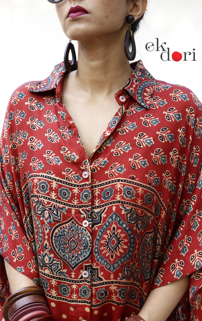 Ajrakh Kaftan Kurta Dress 'Bageecha' : Modal Ajrakh Hand Block Kaftan Kurta &amp; Palazzo Set