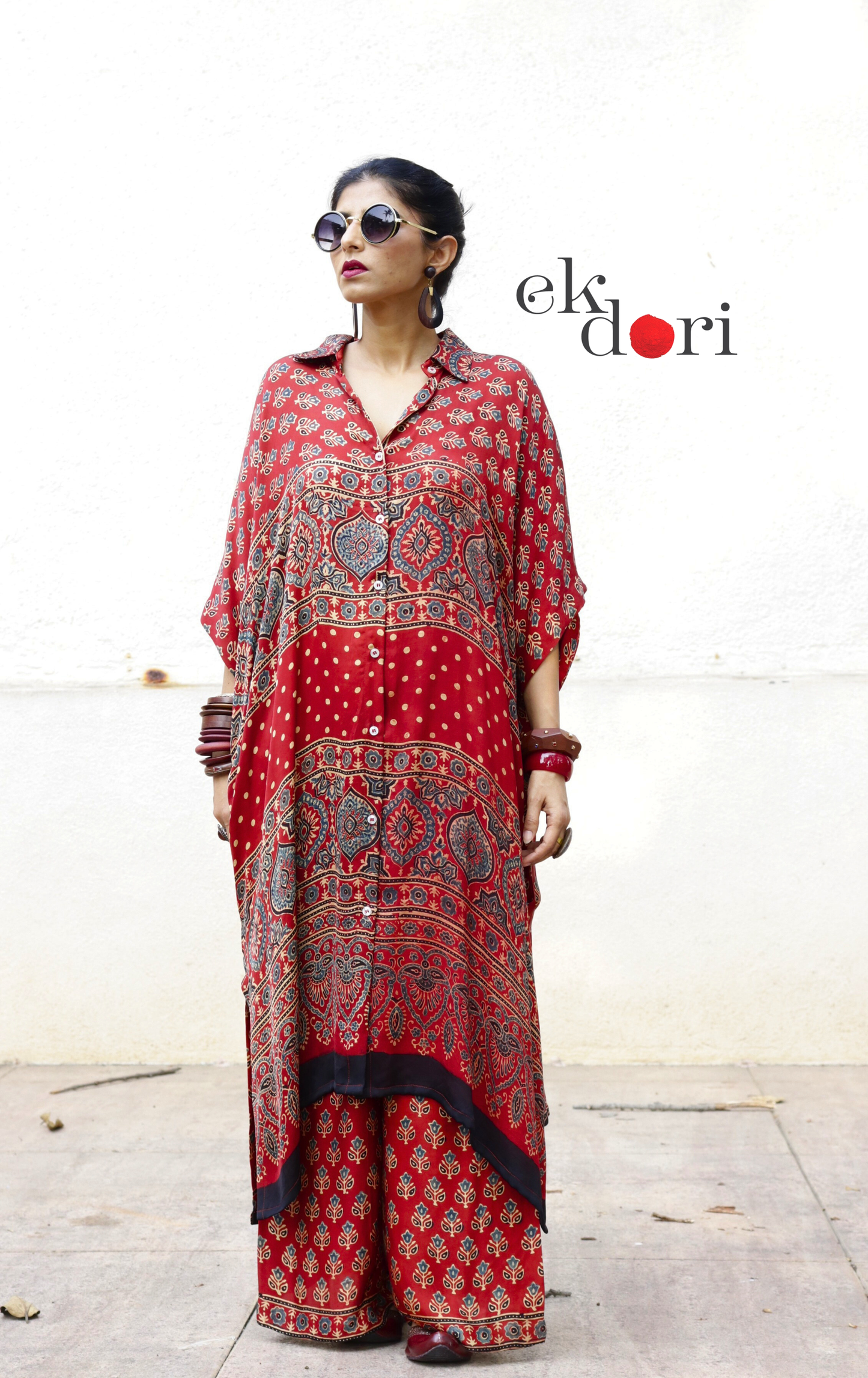 Ajrakh Kaftan Kurta Dress 'Bageecha' : Modal Ajrakh Hand Block Kaftan Kurta &amp; Palazzo Set