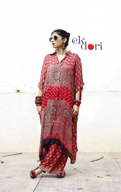 Ajrakh Kaftan Kurta Dress 'Bageecha' : Modal Ajrakh Hand Block Kaftan Kurta &amp; Palazzo Set