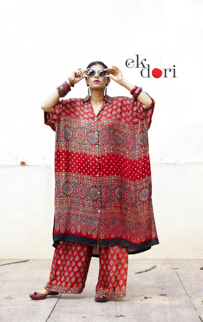 Ajrakh Kaftan Kurta Dress 'Bageecha' : Modal Ajrakh Hand Block Kaftan Kurta &amp; Palazzo Set