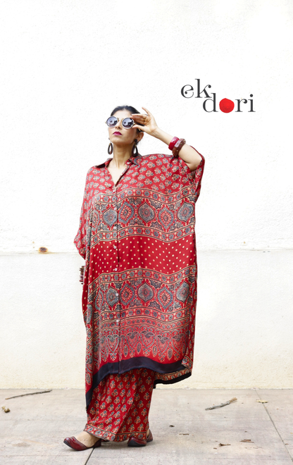 Ajrakh Kaftan Kurta Dress 'Bageecha' : Modal Ajrakh Hand Block Kaftan Kurta &amp; Palazzo Set