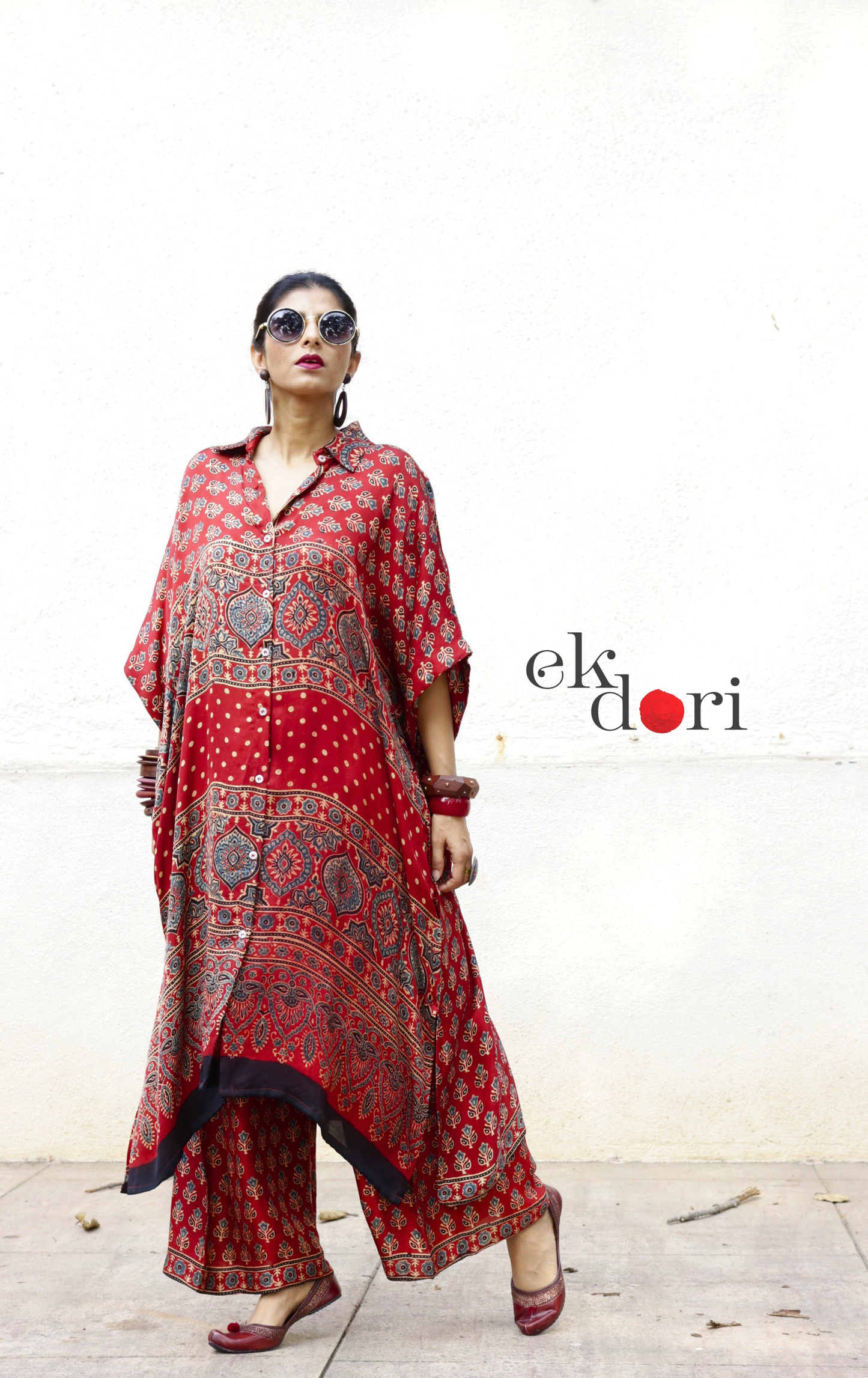 Ajrakh Kaftan Kurta Dress 'Bageecha' : Modal Ajrakh Hand Block Kaftan Kurta &amp; Palazzo Set