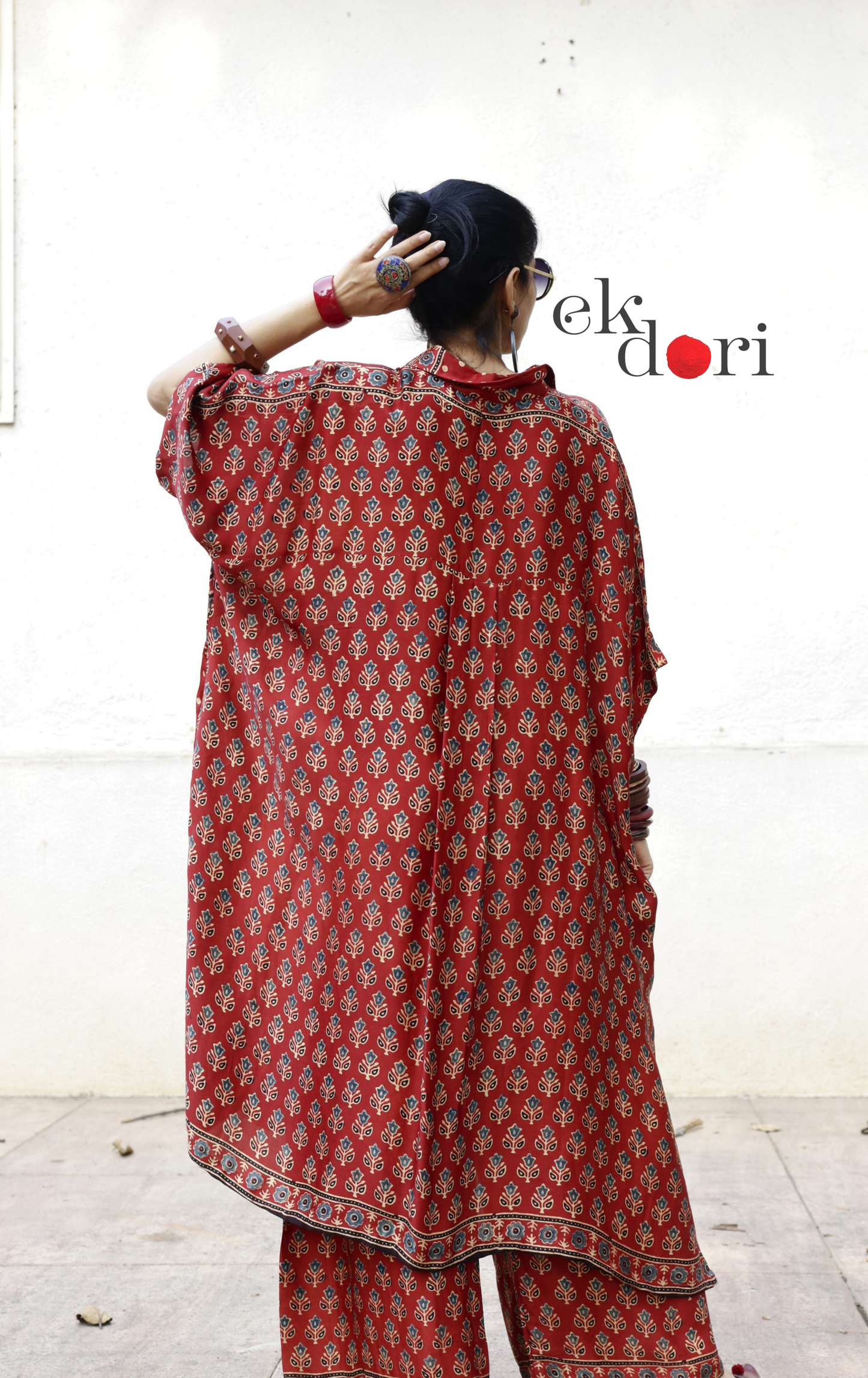 Ajrakh Kaftan Kurta Dress 'Bageecha' : Modal Ajrakh Hand Block Kaftan Kurta &amp; Palazzo Set