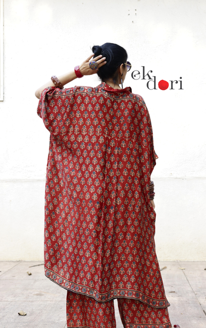 Ajrakh Kaftan Kurta Dress 'Bageecha' : Modal Ajrakh Hand Block Kaftan Kurta &amp; Palazzo Set