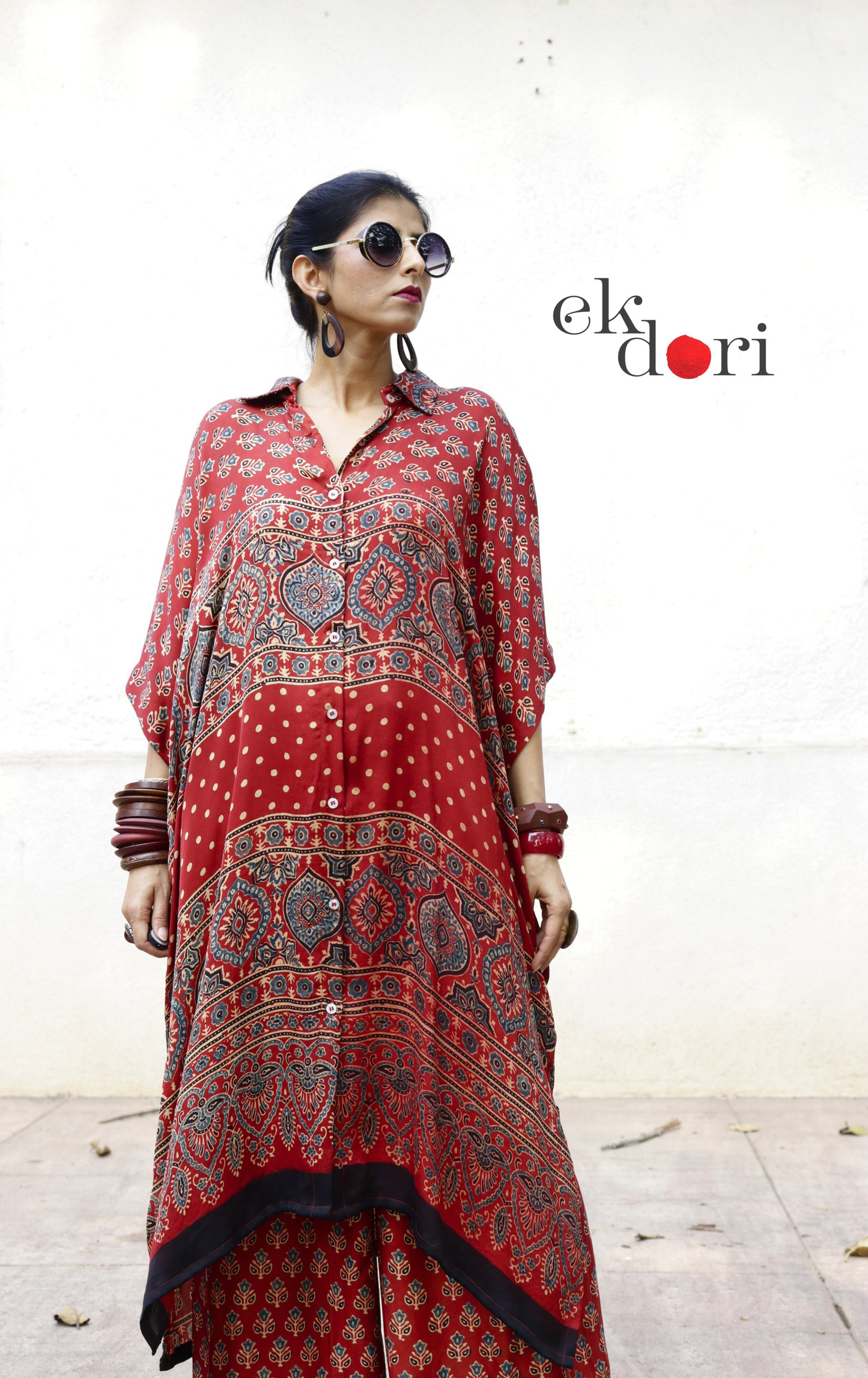 Ajrakh Kaftan Kurta Dress 'Bageecha' : Modal Ajrakh Hand Block Kaftan Kurta &amp; Palazzo Set