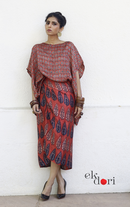 Ajrakh Modal Co-ord Skirt Set 'Chinaar' : 2 Piece Ajrakh Skirt &amp; Top Set