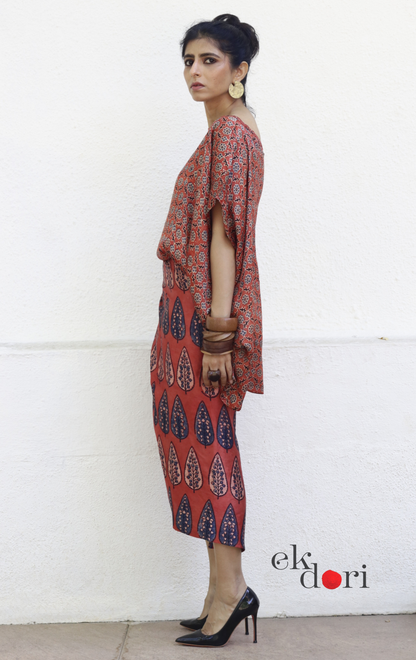 Ajrakh Modal Co-ord Skirt Set 'Chinaar' : 2 Piece Ajrakh Skirt &amp; Top Set