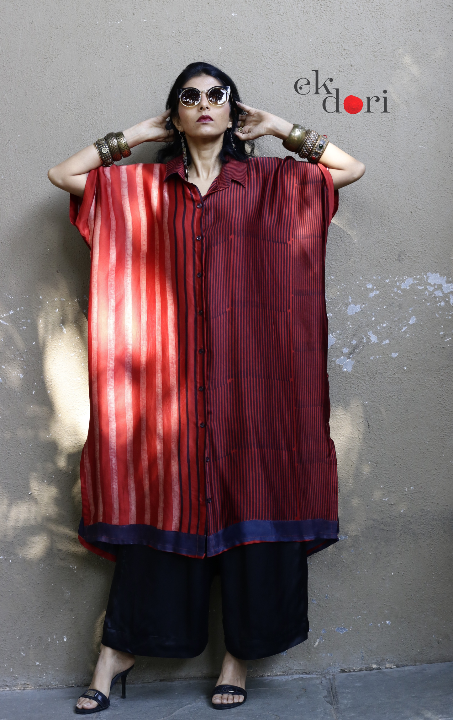 Ajrakh Kaftan Kurta Dress 'Lakeer' : Modal Ajrakh Hand Block Kaftan Kurta Palazzo Set