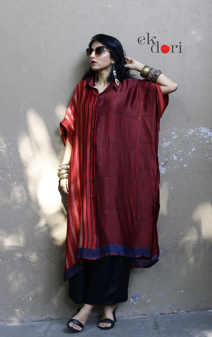 Ajrakh Kaftan Kurta Dress 'Lakeer' : Modal Ajrakh Hand Block Kaftan Kurta Palazzo Set