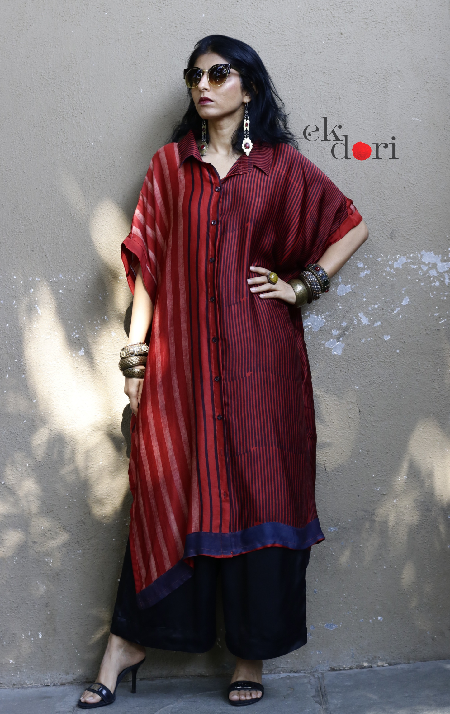 Ajrakh Kaftan Kurta Dress 'Lakeer' : Modal Ajrakh Hand Block Kaftan Kurta Palazzo Set