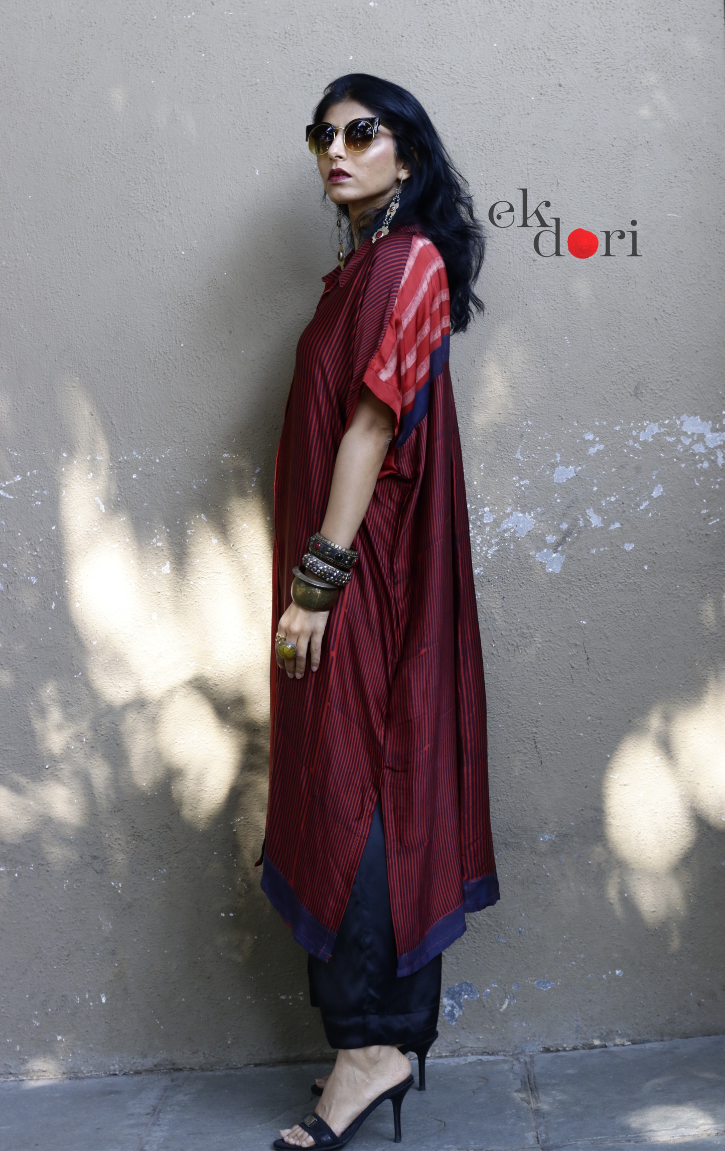 Ajrakh Kaftan Kurta Dress 'Lakeer' : Modal Ajrakh Hand Block Kaftan Kurta Palazzo Set