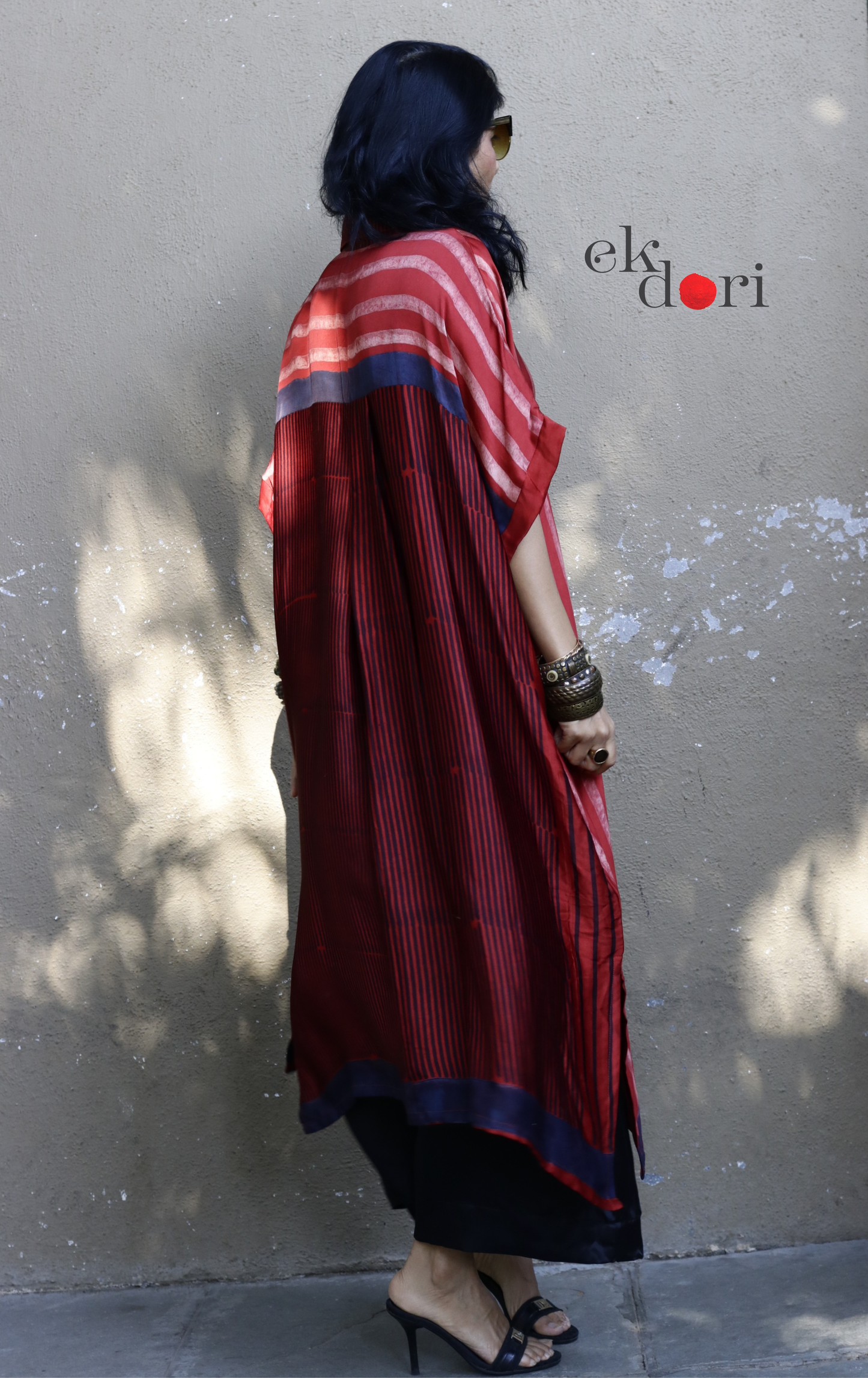 Ajrakh Kaftan Kurta Dress 'Lakeer' : Modal Ajrakh Hand Block Kaftan Kurta Palazzo Set