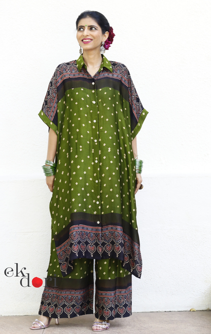 Bandhani Ajrakh Green Modal Co-ord Set : Buy Kurta Palazzo Modal Co-ord Set 'Mehendi Ki Raat''