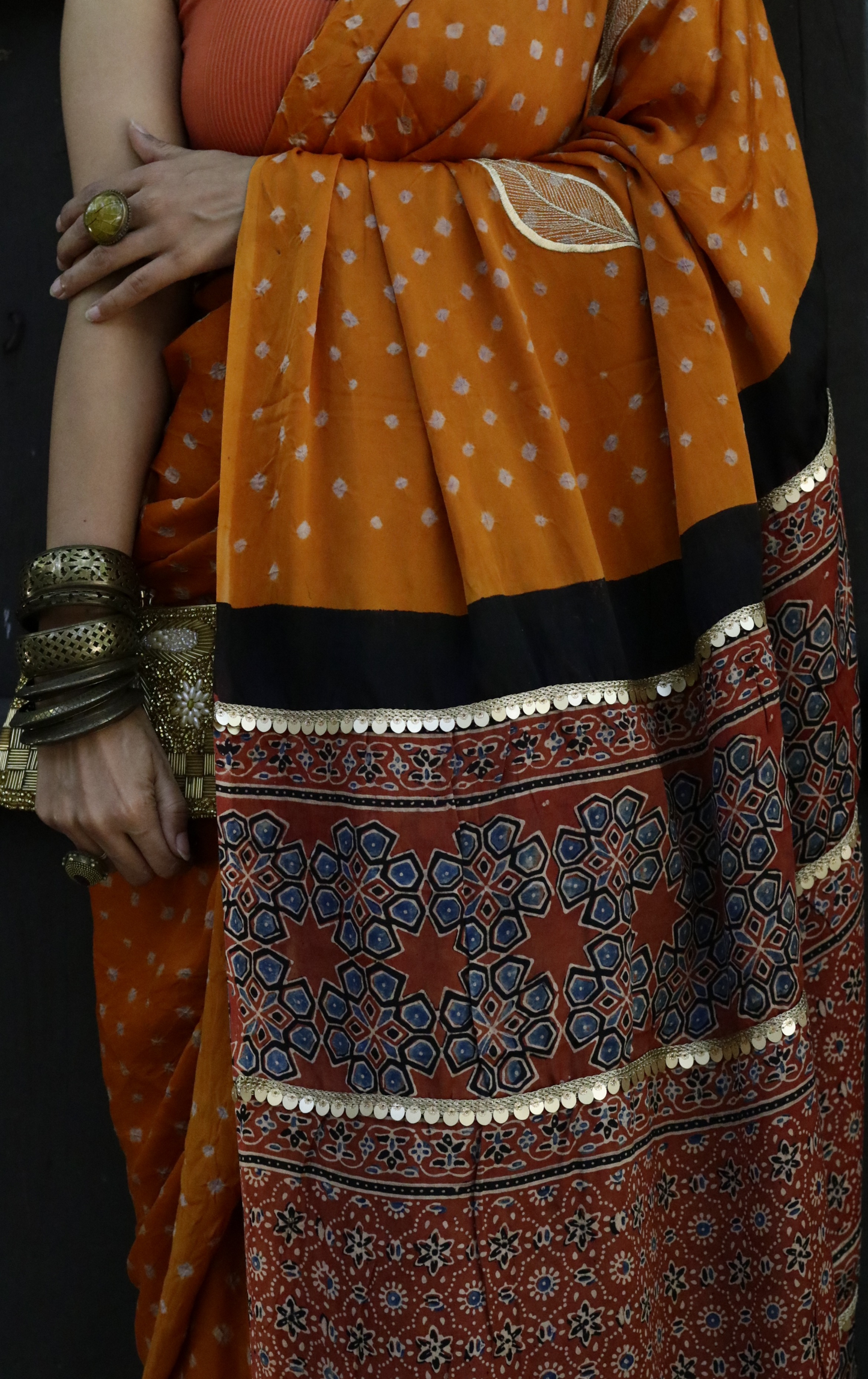 Buy Bandhani & Ajrakh Designer Saree Online : 'Rust & Rose' Ajrakh Bandhani Hand Made Saree