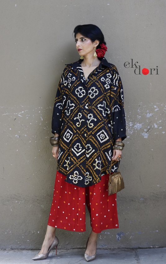 Bandhani 'Charcoal & Red' Cotton Co-ord Set : Buy Kurta Palazzo Cotton Co-ord Set Cotton Bandhani Set