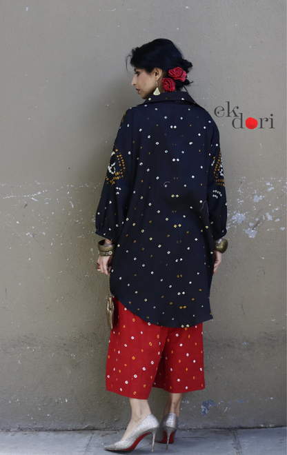Bandhani 'Charcoal & Red' Cotton Co-ord Set : Buy Kurta Palazzo Cotton Co-ord Set Cotton Bandhani Set
