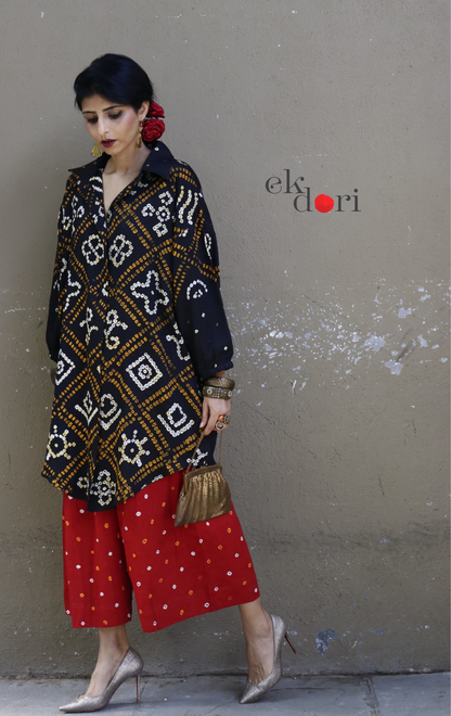 Bandhani 'Charcoal & Red' Cotton Co-ord Set : Buy Kurta Palazzo Cotton Co-ord Set Cotton Bandhani Set