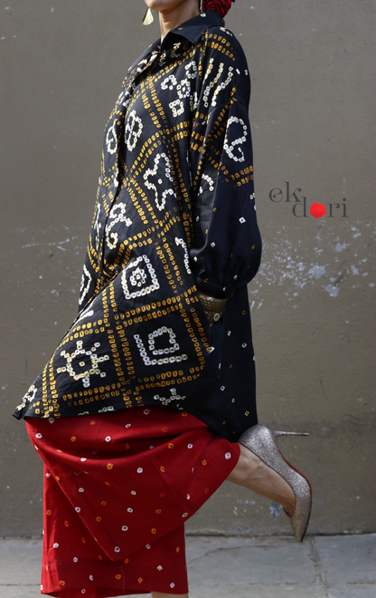 Bandhani 'Charcoal & Red' Cotton Co-ord Set : Buy Kurta Palazzo Cotton Co-ord Set Cotton Bandhani Set