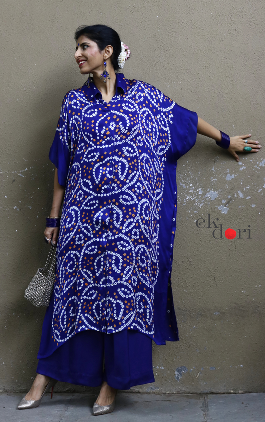 Bandhani Blue White Modal Co-ord Set : Buy Kurta Palazzo Modal Co-ord Set 'Bela'