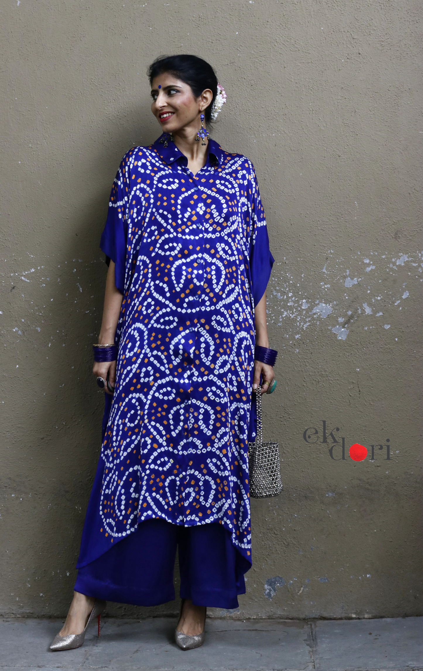 Bandhani Blue White Modal Co-ord Set : Buy Kurta Palazzo Modal Co-ord Set 'Bela'