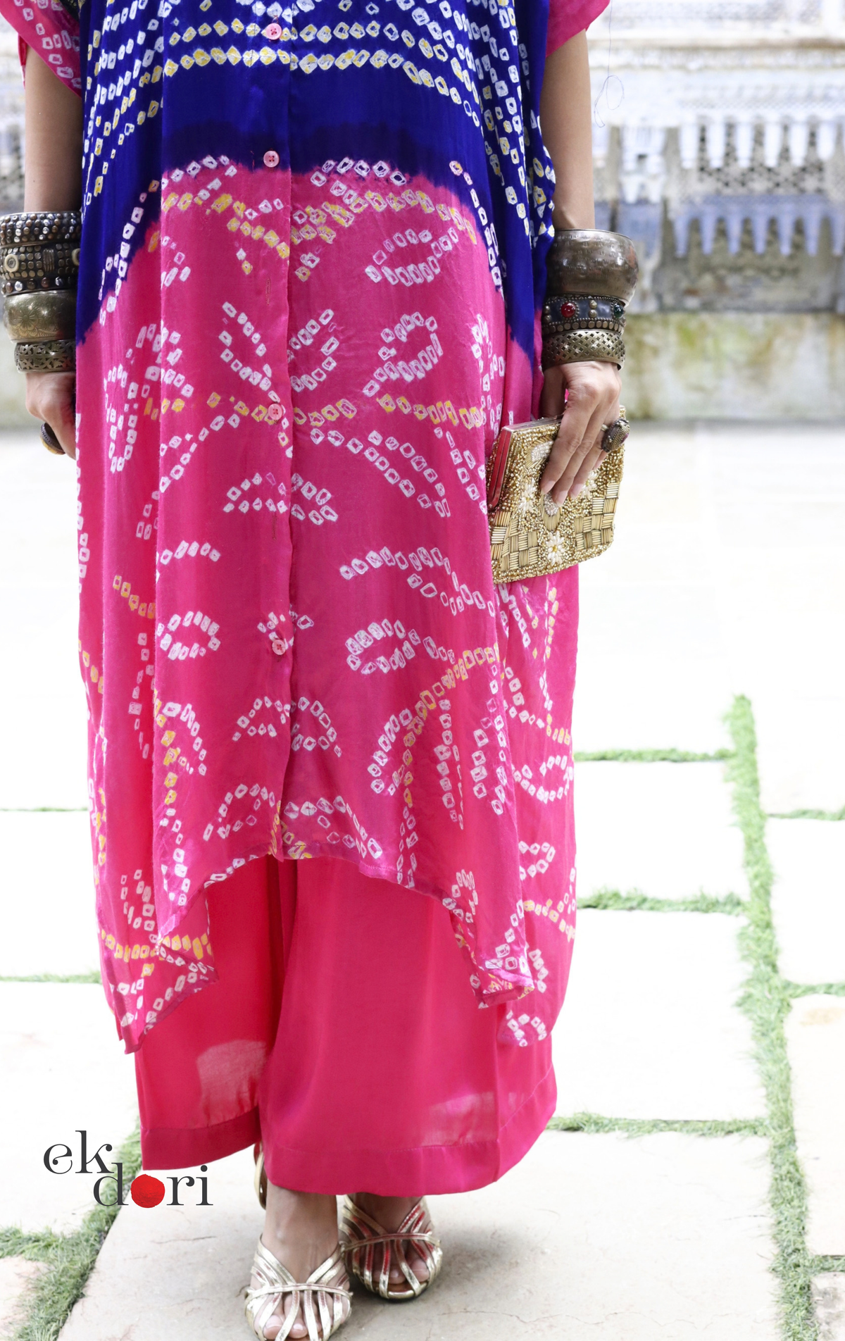 Bandhani Pink Blue Modal Co-ord Set : Buy Kurta Palazzo Modal Co-ord Set 'Firecracker'