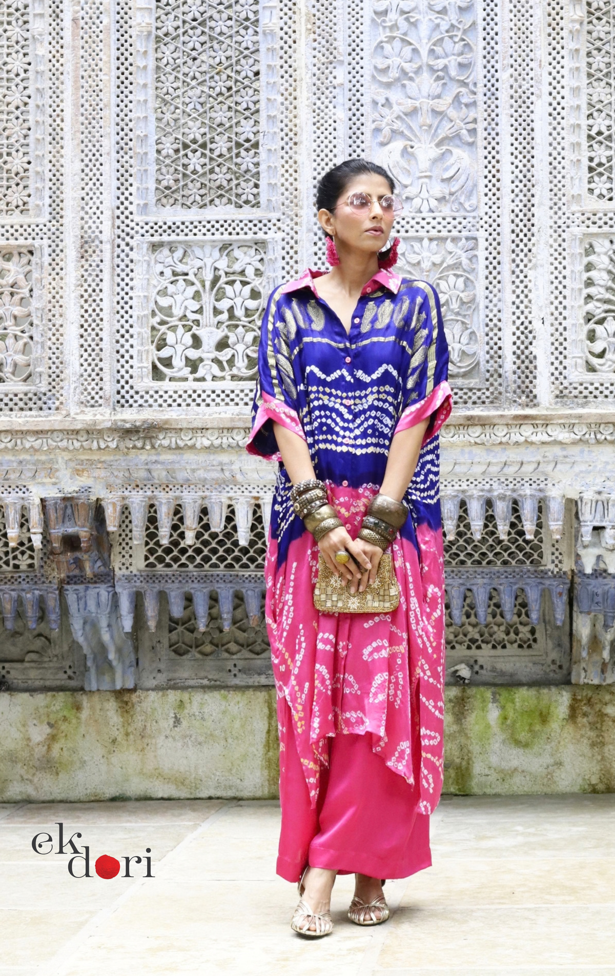 Bandhani Pink Blue Modal Co-ord Set : Buy Kurta Palazzo Modal Co-ord Set 'Firecracker'