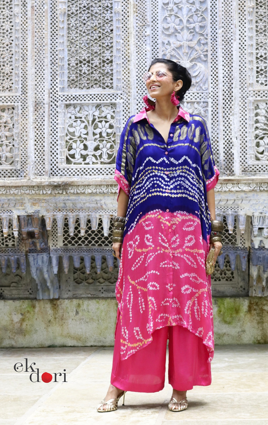 Bandhani Pink Blue Modal Co-ord Set : Buy Kurta Palazzo Modal Co-ord Set 'Firecracker'