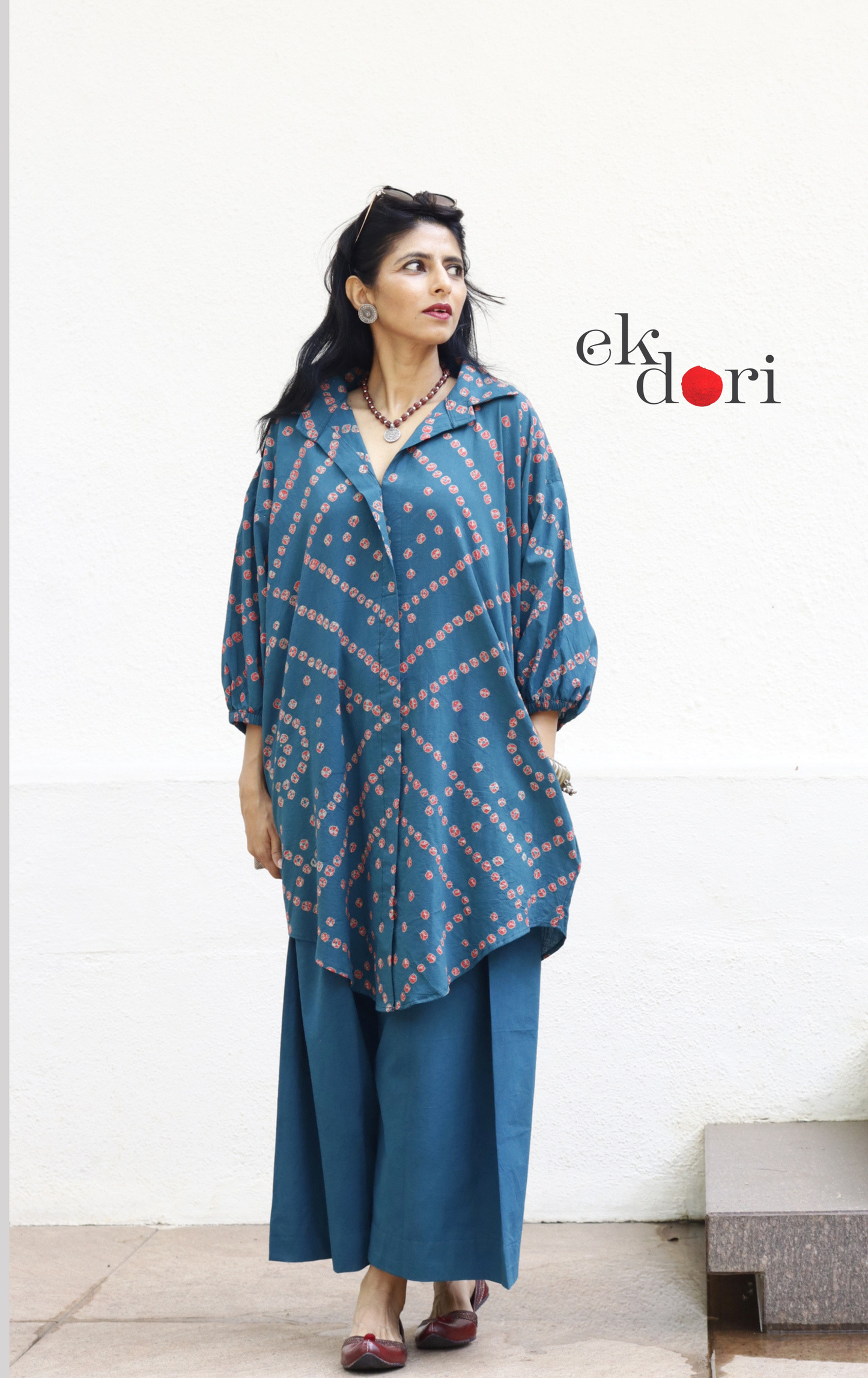 Bandhani 'Baarish' Blue Red Cotton Co-ord Set : Buy Kurta Palazzo Cotton Co-ord Set