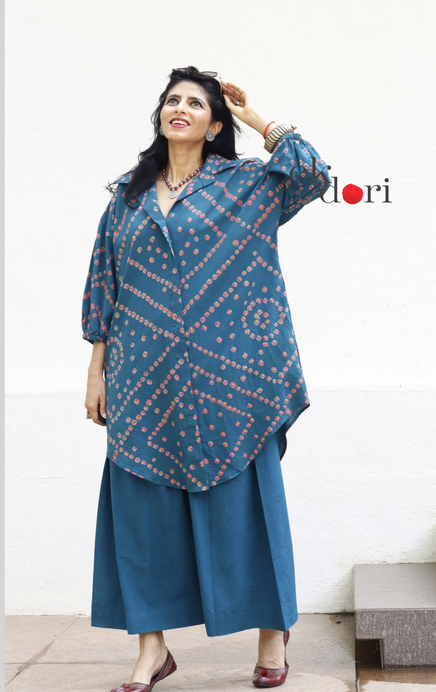 Bandhani 'Baarish' Blue Red Cotton Co-ord Set : Buy Kurta Palazzo Cotton Co-ord Set