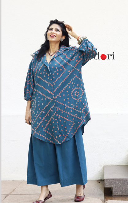 Bandhani 'Baarish' Blue Red Cotton Co-ord Set : Buy Kurta Palazzo Cotton Co-ord Set