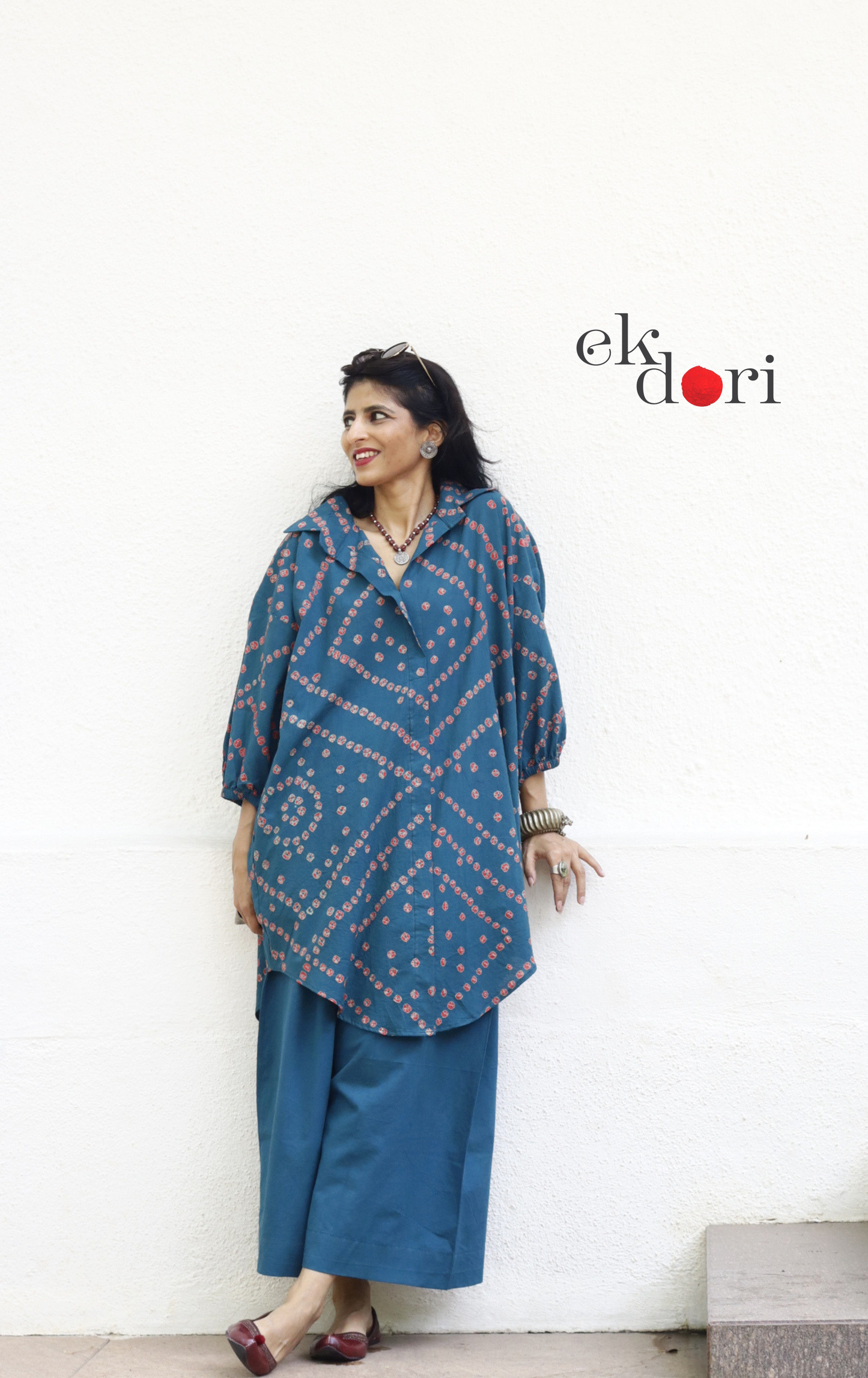 Bandhani 'Baarish' Blue Red Cotton Co-ord Set : Buy Kurta Palazzo Cotton Co-ord Set