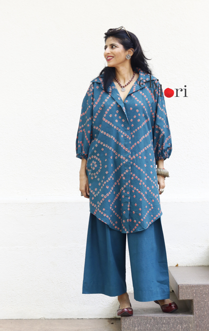 Bandhani 'Baarish' Blue Red Cotton Co-ord Set : Buy Kurta Palazzo Cotton Co-ord Set