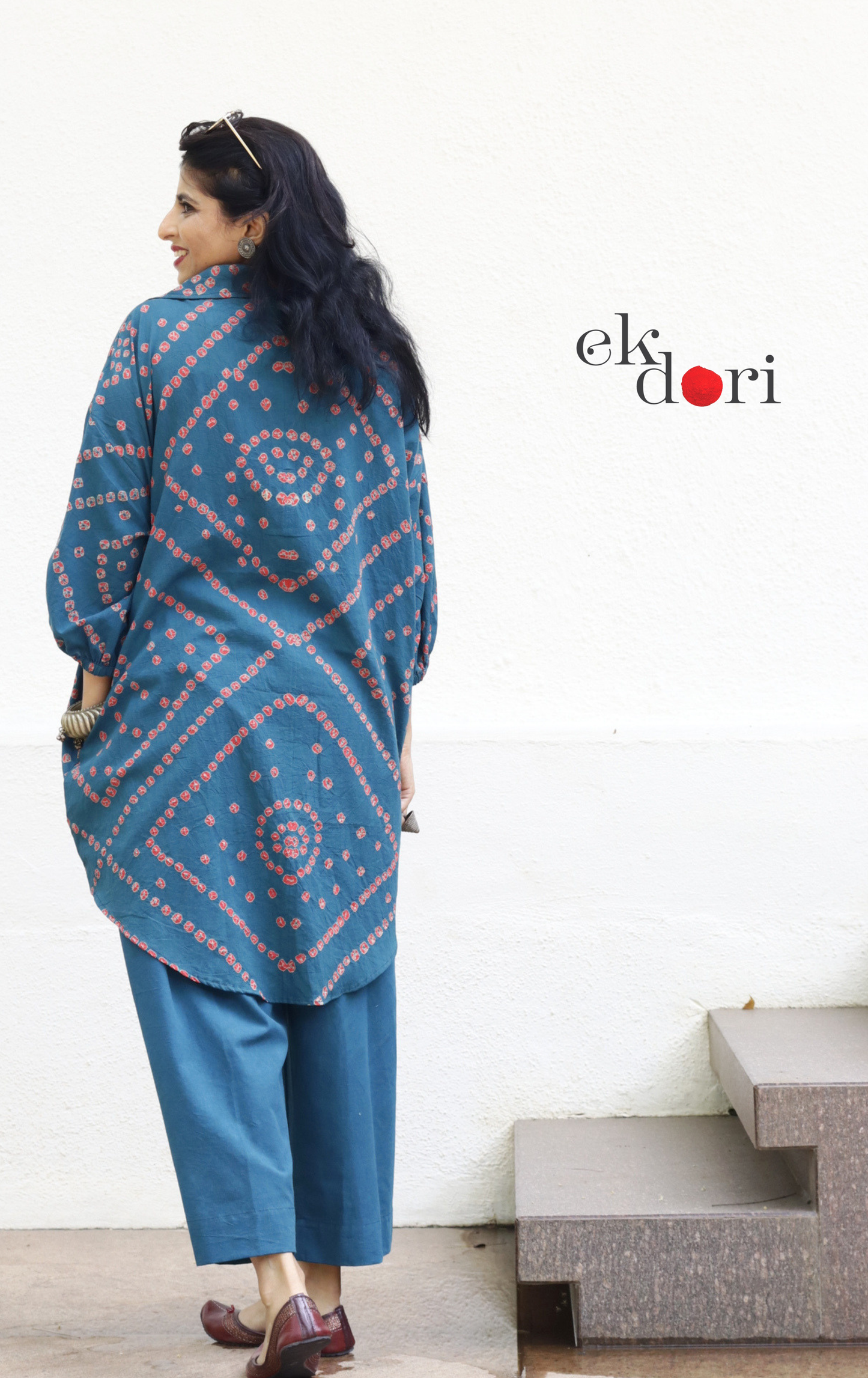 Bandhani 'Baarish' Blue Red Cotton Co-ord Set : Buy Kurta Palazzo Cotton Co-ord Set