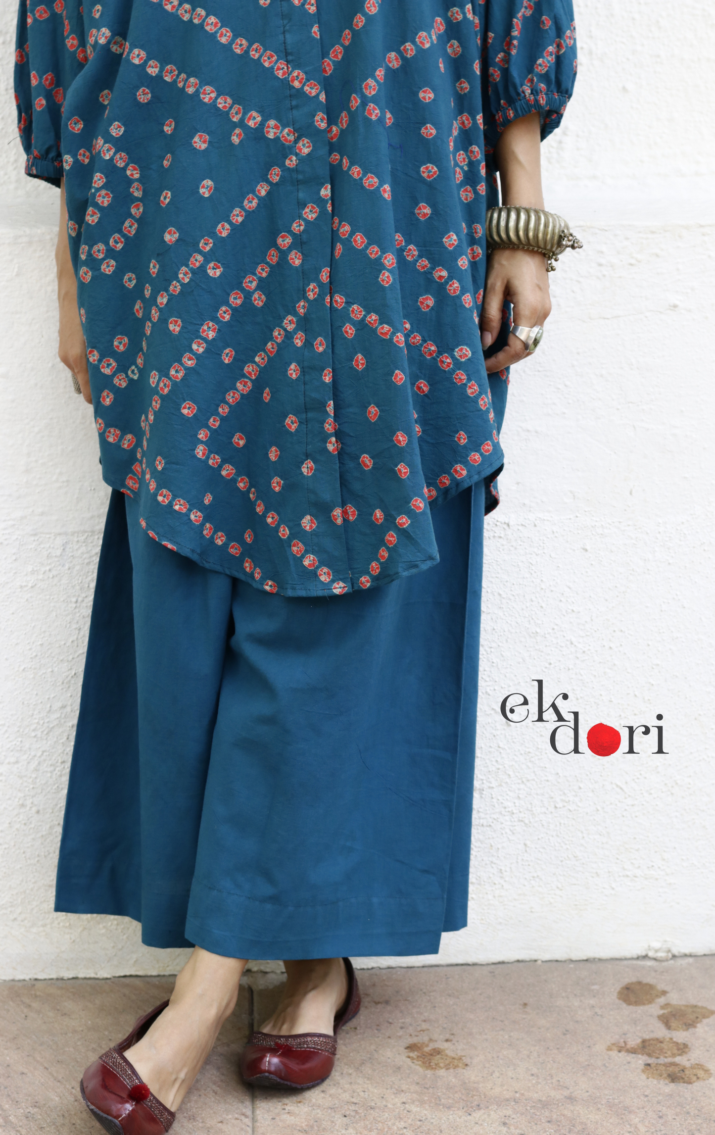 Bandhani 'Baarish' Blue Red Cotton Co-ord Set : Buy Kurta Palazzo Cotton Co-ord Set