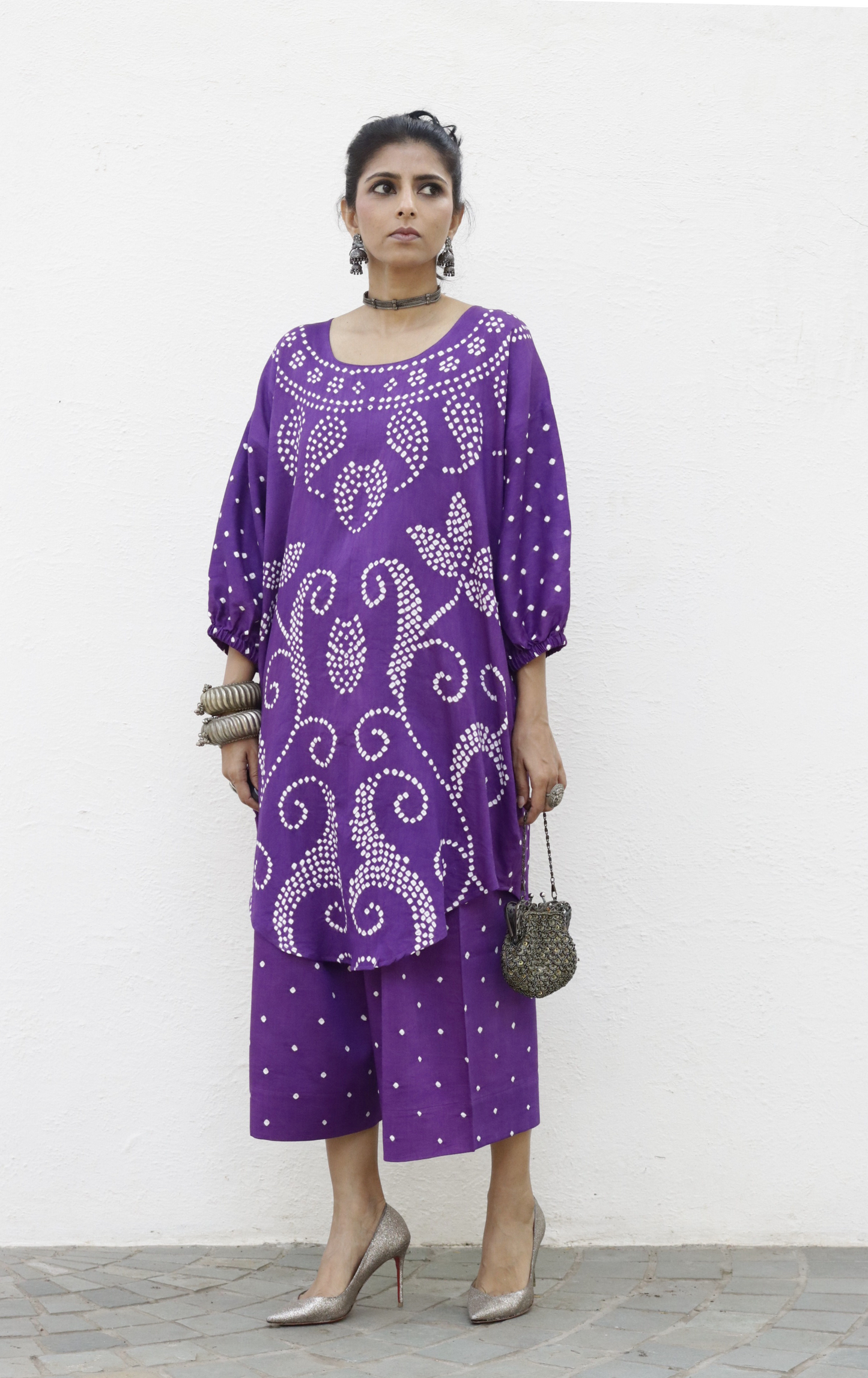 Bandhani Purple Cotton Co-ord Set : Buy Palazzo Pant Kurta Cotton Co-ord Set 'Bela Baahar'