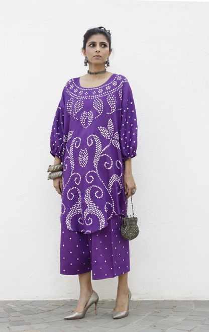 Bandhani Purple Cotton Co-ord Set : Buy Palazzo Pant Kurta Cotton Co-ord Set 'Bela Baahar'