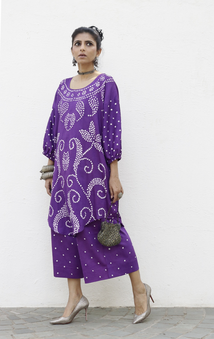 Bandhani Purple Cotton Co-ord Set : Buy Palazzo Pant Kurta Cotton Co-ord Set 'Bela Baahar'