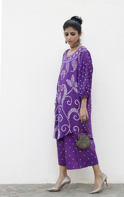 Bandhani Purple Cotton Co-ord Set : Buy Palazzo Pant Kurta Cotton Co-ord Set 'Bela Baahar'