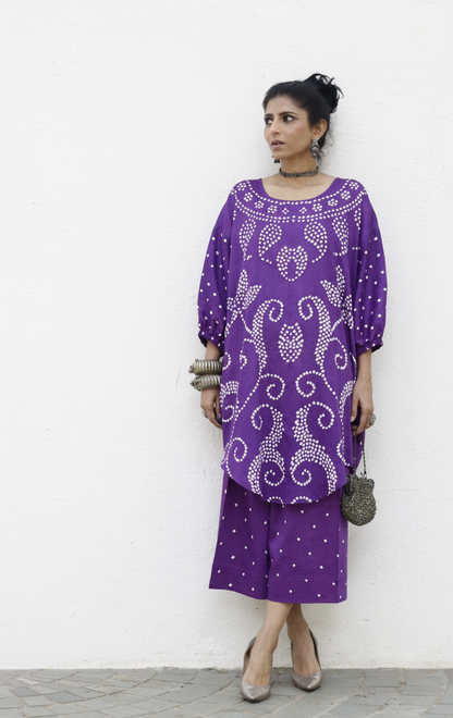 Bandhani Purple Cotton Co-ord Set : Buy Palazzo Pant Kurta Cotton Co-ord Set 'Bela Baahar'