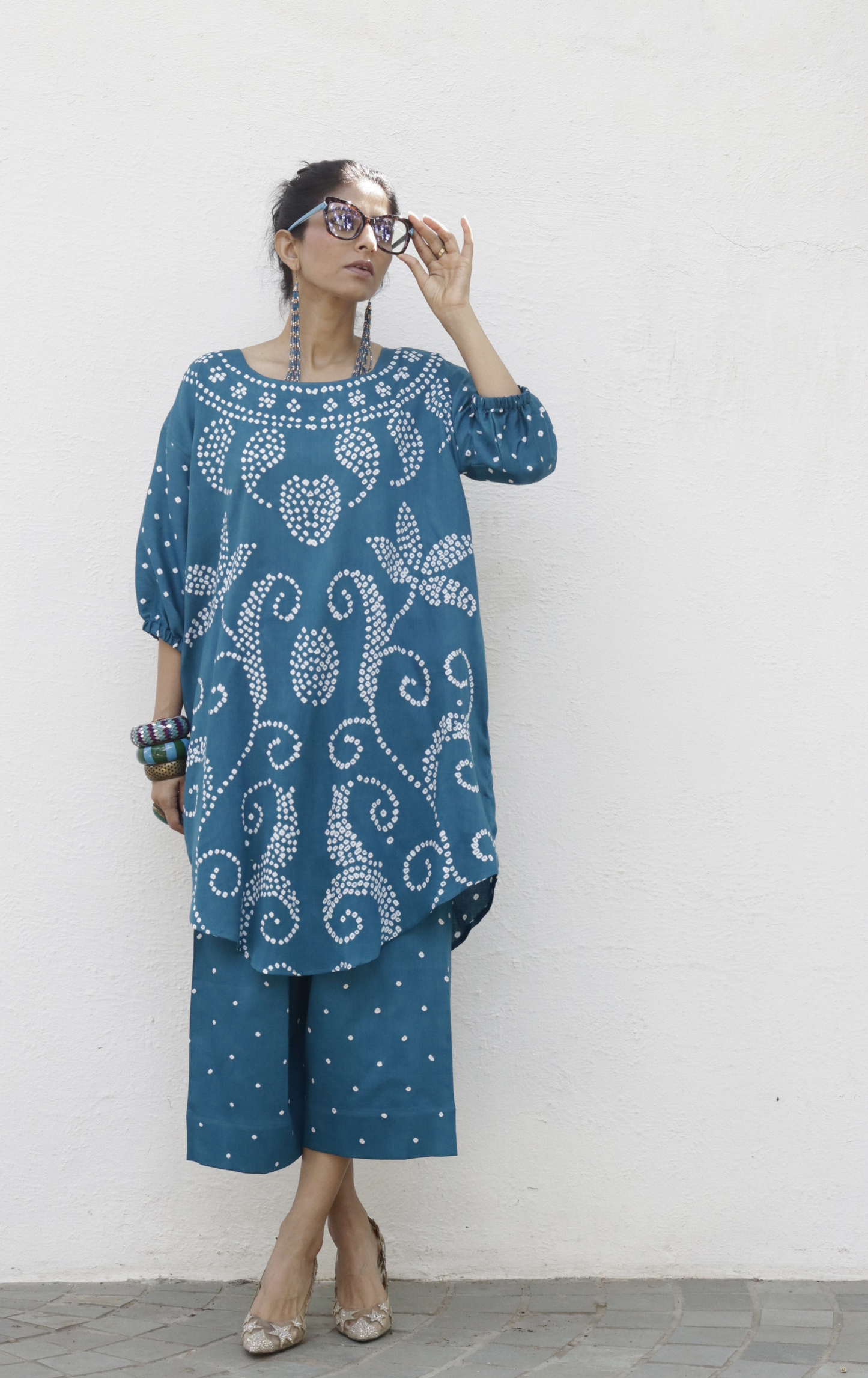 Bandhani Teal Blue Cotton Co-ord Set : Buy Palazzo Pant Kurta Cotton Co-ord Set 'Bela Baahar'