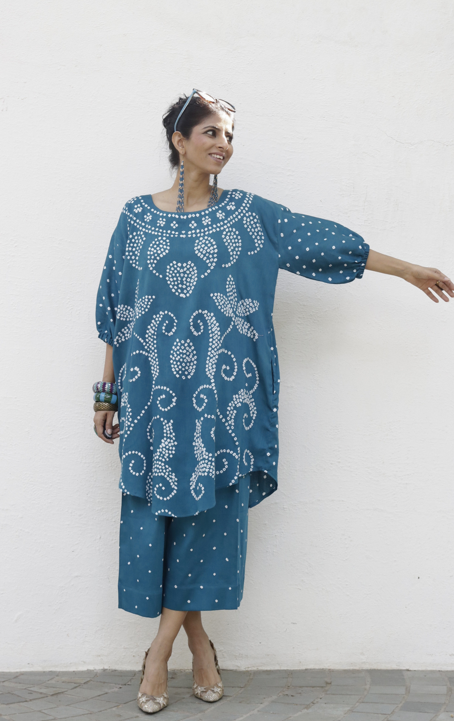 Bandhani Teal Blue Cotton Co-ord Set : Buy Palazzo Pant Kurta Cotton Co-ord Set 'Bela Baahar'