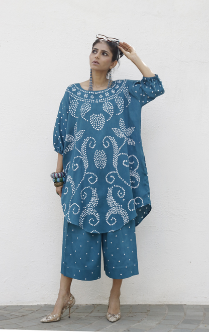 Bandhani Teal Blue Cotton Co-ord Set : Buy Palazzo Pant Kurta Cotton Co-ord Set 'Bela Baahar'