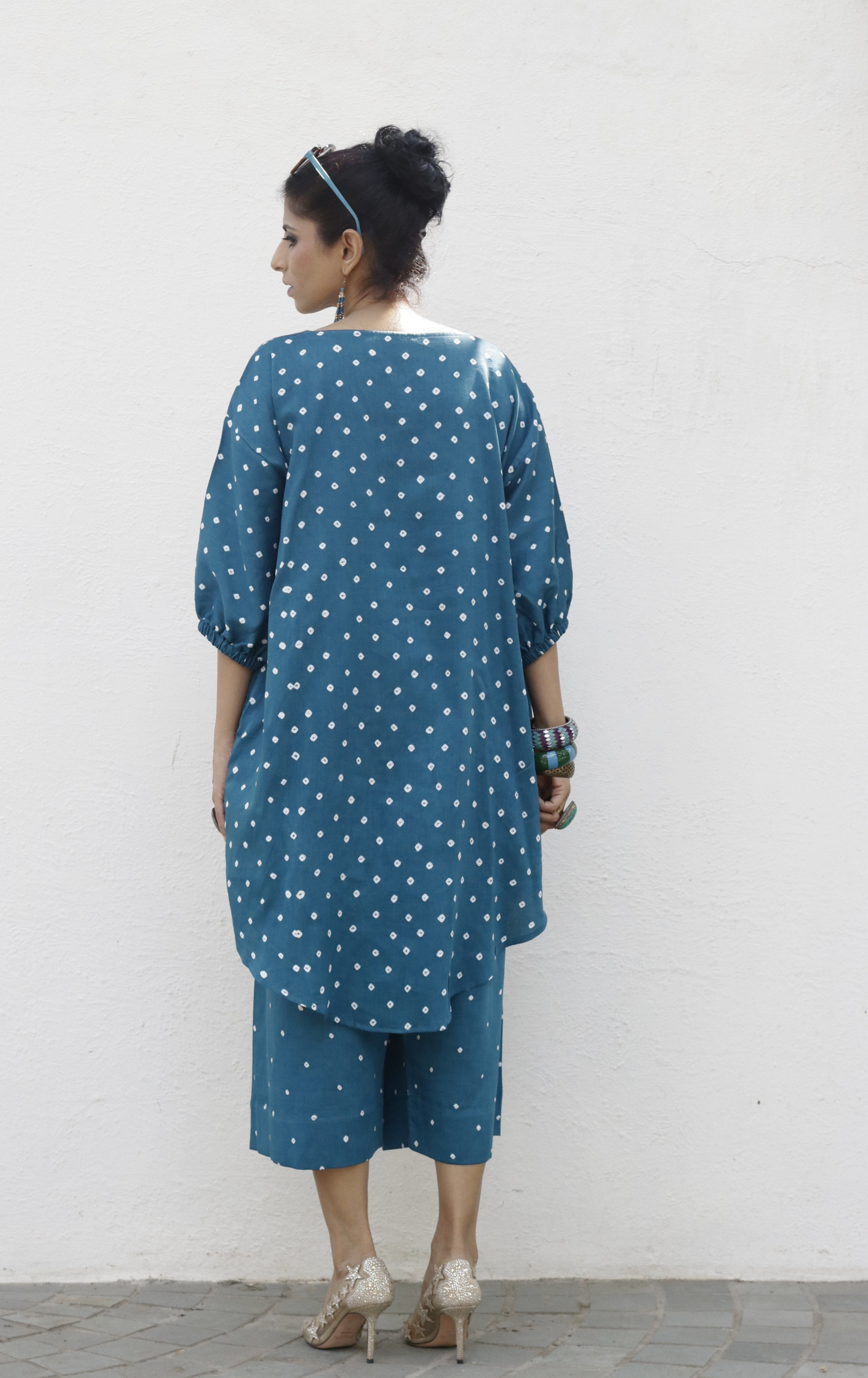 Bandhani Teal Blue Cotton Co-ord Set : Buy Palazzo Pant Kurta Cotton Co-ord Set 'Bela Baahar'