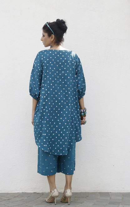 Bandhani Teal Blue Cotton Co-ord Set : Buy Palazzo Pant Kurta Cotton Co-ord Set 'Bela Baahar'